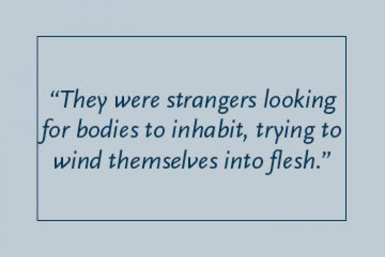 Light blue background with dark blue text inside a dark blue border: “They were strangers looking for bodies to inhabit, trying to wind themselves into flesh.”